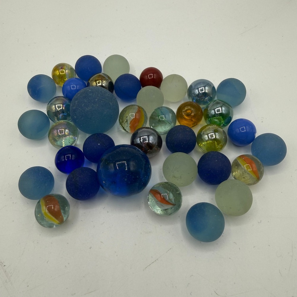 Vintage Glass Marbles Lot Mixed Sizes Blue Clear Cat Eye Shooters Frosted 37pc